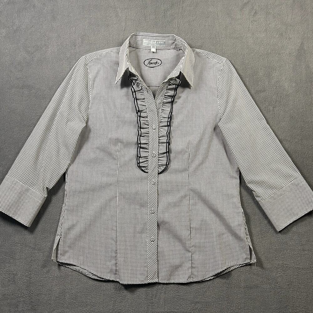 Foxcroft Blouse Women's Black White Gingham Ruffle Button Front Size 8‎